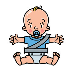 Baby in the car seat with seatbelt. Vector icon