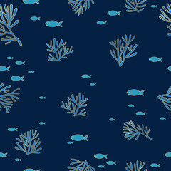 Fototapeta na wymiar School of fish with coral reef border in Classic blue and gold color vector background for decoration on summer events.