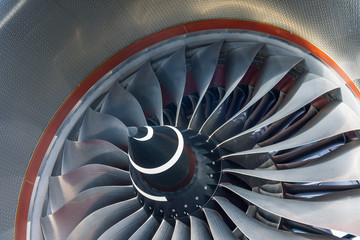 Aircraft engine vane turbine blades close up view.