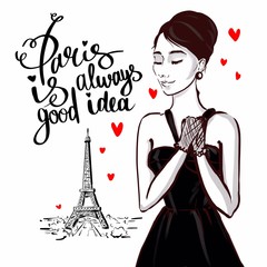Retro elegant woman in love to Paris.Sketch illustration 