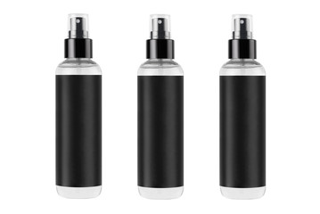 Tall transparent spray dispenser bottles for cosmetics product collection with black label in a row, isolated, mock up for design.