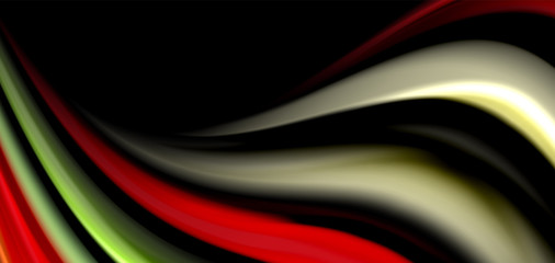 Abstract silk smooth lines on black, multicolored liquid fluid rainbow style waves on black