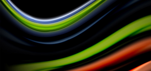 Abstract silk smooth lines on black, multicolored liquid fluid rainbow style waves on black