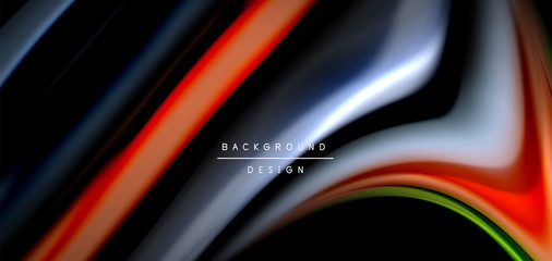 Abstract silk smooth lines on black, multicolored liquid fluid rainbow style waves on black