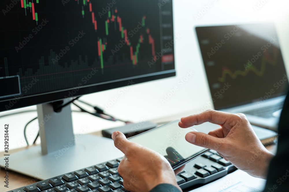 Poster working business man, team of broker or traders talking about forex on multiple computer screens of 