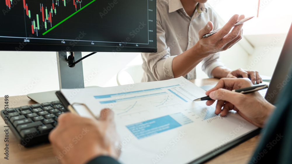 Poster working business man, team of broker or traders talking about forex on multiple computer screens of 