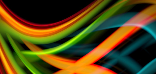 Abstract silk smooth lines on black, multicolored liquid fluid rainbow style waves on black