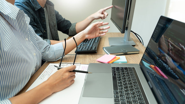 Team of programmers working together development Website design and coding technologies in a software develop company office, Coworkers Team concept