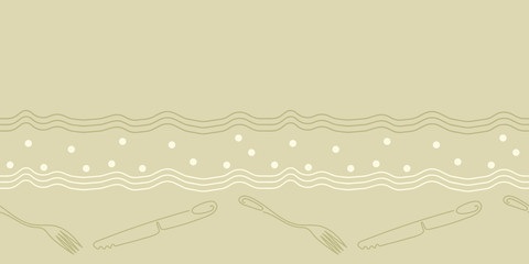 Contour Cutlery Background. Seamless border Kitchen utensils. OneLineDrawing. Vector pattern for restaurant, cafe, menu, tablecloth
