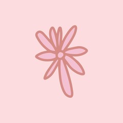 Sign hand drawn herbal Twig leaves. Floral sprig. Spring flower, buttons, blade, bush isolated on pink background. Cartoon outline vector illustration