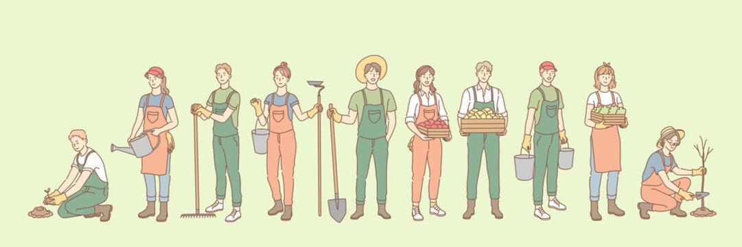 Farming, rural life, gardening ,agriculture set concept. Group young of people, men, women, agricultural workers together in village farm. Gardening, planting trees, seeding. Rural life. Simple vector