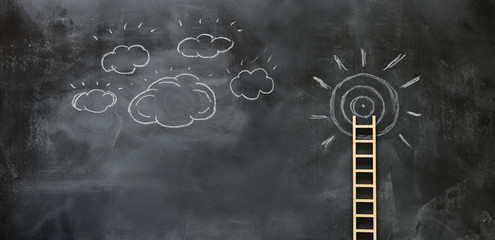 wooden ladder and sun info graphics over blackboard background