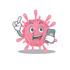 Mascot design of corona virus germ speaking on phone