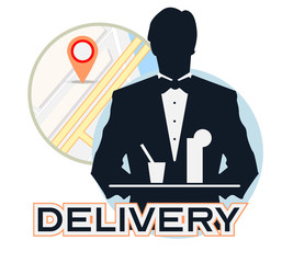 Waiter vector image. Map from the app on the background. Food delivery.