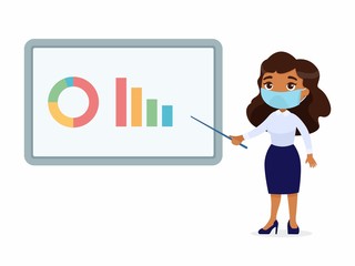 Dark skin woman in an office suit points to a demo board with graphs. Character with a protective mask on his face. Virus protection, allergies concept. Vector illustration on a white background.