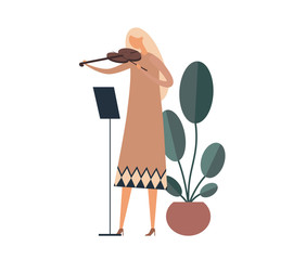Woman playing violin near plant. Flat cartoon vector illustration
