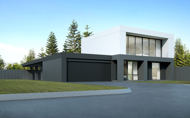 Perspective of  black and white modern luxury house with green lawn yard on tree background, Idea of minimal architecture with garage door. 3D rendering 