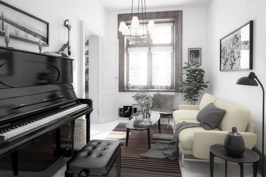 Modern Sitting Room Inside a Fresh Renovated Building - black and white 3d visualization