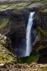 View of the landscape of the Haifoss waterfall in Iceland.