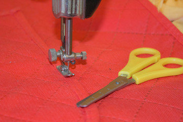 tailor workspace with sewing and handmade tools. tools for sewing for hobby