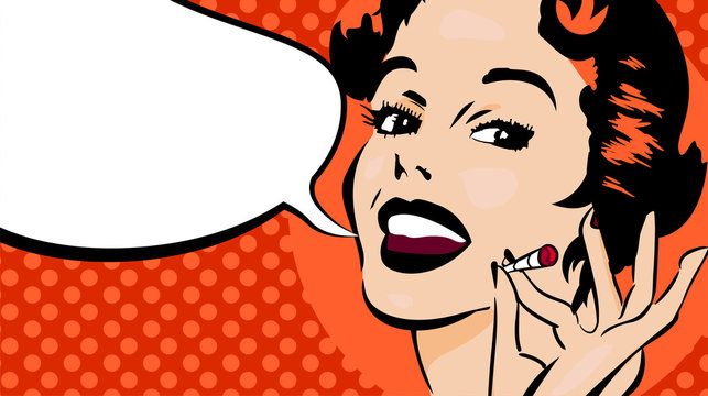 Smiling woman with open mouth. Okey fingers sign Speech bubble. Dots on the background. Vector image comics styled.