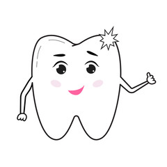 Staining of the teeth. The concept of teeth whitening. Logo, image for dental clinics. Cute healthy shining tooth. Cartoon style. Vector illustration.