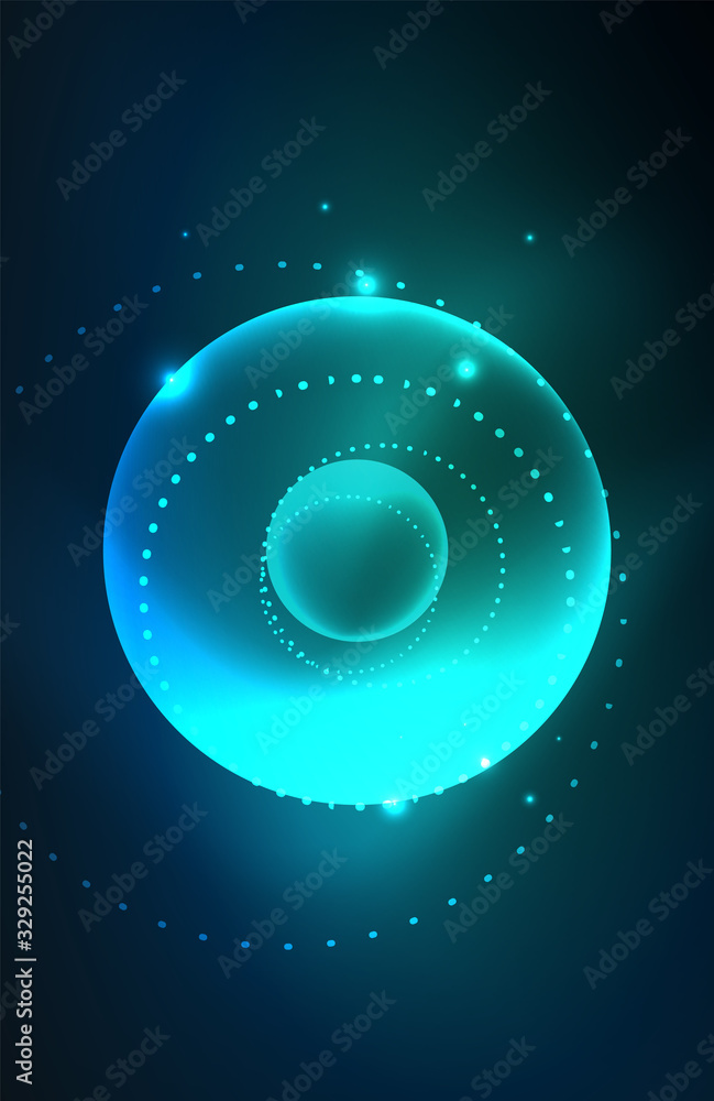 Poster neon shiny transparent glowing circles with light effects. techno futuristic vector abstract backgro