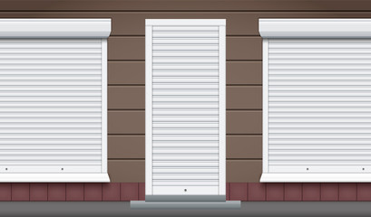 Exterior of shop facade with closed storefront and door. Facade of brick wall and Closed Roller Shutters. Shop Street view. Vector Illustration.