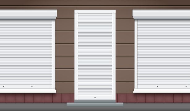 Exterior of shop facade with closed storefront and door. Facade of brick wall and Closed Roller Shutters. Shop Street view. Vector Illustration.