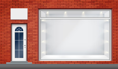 Exterior of shop facade with big glass storefront and door. Facade of granite wall and big window. Shop Street view. Vector Illustration.