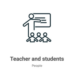 Fototapeta premium Teacher and students outline vector icon. Thin line black teacher and students icon, flat vector simple element illustration from editable people concept isolated stroke on white background