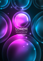 Glowing neon shiny transparent bubbles, glass circles or bio cell concept. Techno futuristic vector abstract background For Wallpaper, Banner, Background, Card, Book Illustration, landing page