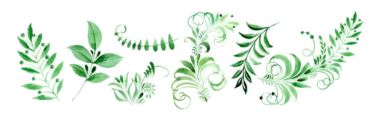 Watercolor clipart folk leaf patterns, Khokhloma Russian pattern.