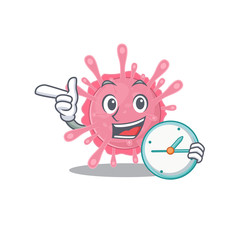 Cheerful corona virus germ cartoon character style with clock