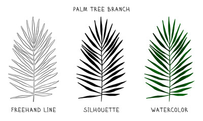 Palm branch to create design layouts. Set of freehand line, silhouette and watercolor drawing.