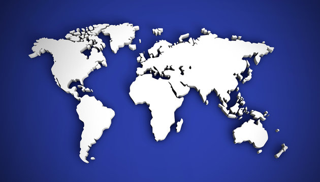 3D illustration world map on a blue background.