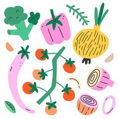 Veg set, collection of cute doodle organic vegetables, isolated vector illustration of chilipepper, onion and cherry sweet tomato branch, fresh ripe crop, healthy whole food
