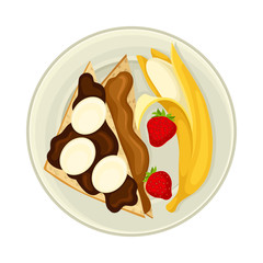 Sweet Sandwich Rested on Plate with Banana Top View Vector Illustration