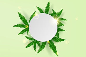 Realistic green cannabis leaf drug marijuana herb Background.Creative natural Marijuana Cannabis.Medical Organic green plant Wallpaper in web-page.Template frame decorated circle.vector illustration.