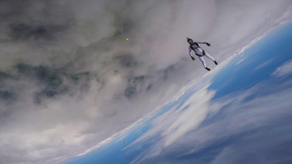 Care. Team of paratroopers. Professionals work in the air. Free fall.