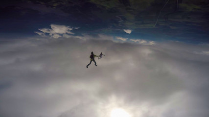 Care. Team of paratroopers. Professionals work in the air. Free fall.