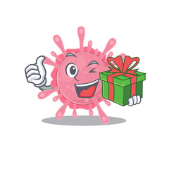 Smiley corona virus germ cartoon character having a gift box