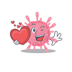 A romantic cartoon design of corona virus germ holding heart