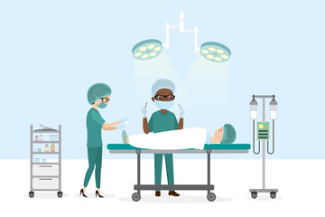 Surgery, african american male Surgeon and nurse,patient is lying on a hospital bed