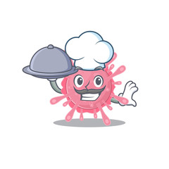 Corona virus germ as a chef cartoon character with food on tray