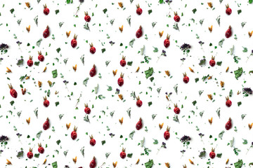 Pattern. Herbal tea, dry plants and flowers, oregano and mint vitamin drink in a linen bag, isolate, place for text, copy space.