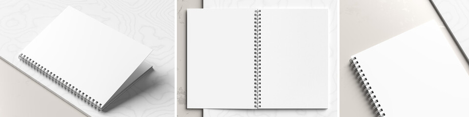 A4 format spiral binding notebook mock up on white marble background. Realistic notebook mock up rendered with three different angles. 3D illustration. - obrazy, fototapety, plakaty