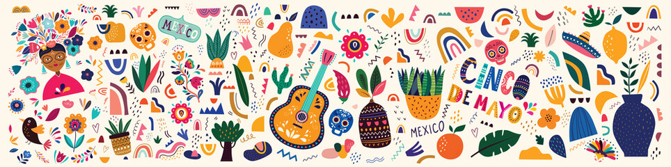 Mexico illustration. Mexican pattern. Vector illustration with design  for Mexican holiday 5 may Cinco De Mayo. Vector template with Mexican symbols: Mexican guitar, flowers, red pepper, skull - 329260227