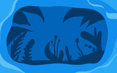 vector illustration of a blue silhouette landscape with water and leaf. Flat style. For websites, Landing pages and banners
