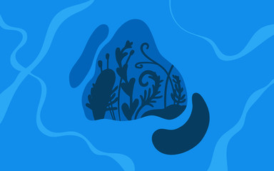 vector illustration of a blue silhouette landscape with water and leaf. Flat style. For websites, Landing pages and banners